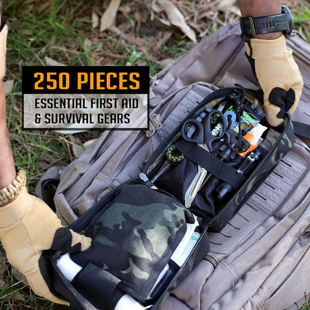 250 Pieces Survival First Aid Kit IFAK EMT Molle Pouch Kit Outdoor Gear Emergency Kits Trauma Bag for Camping Boat Hunting Hiking Home Car Earthquake and Adventures