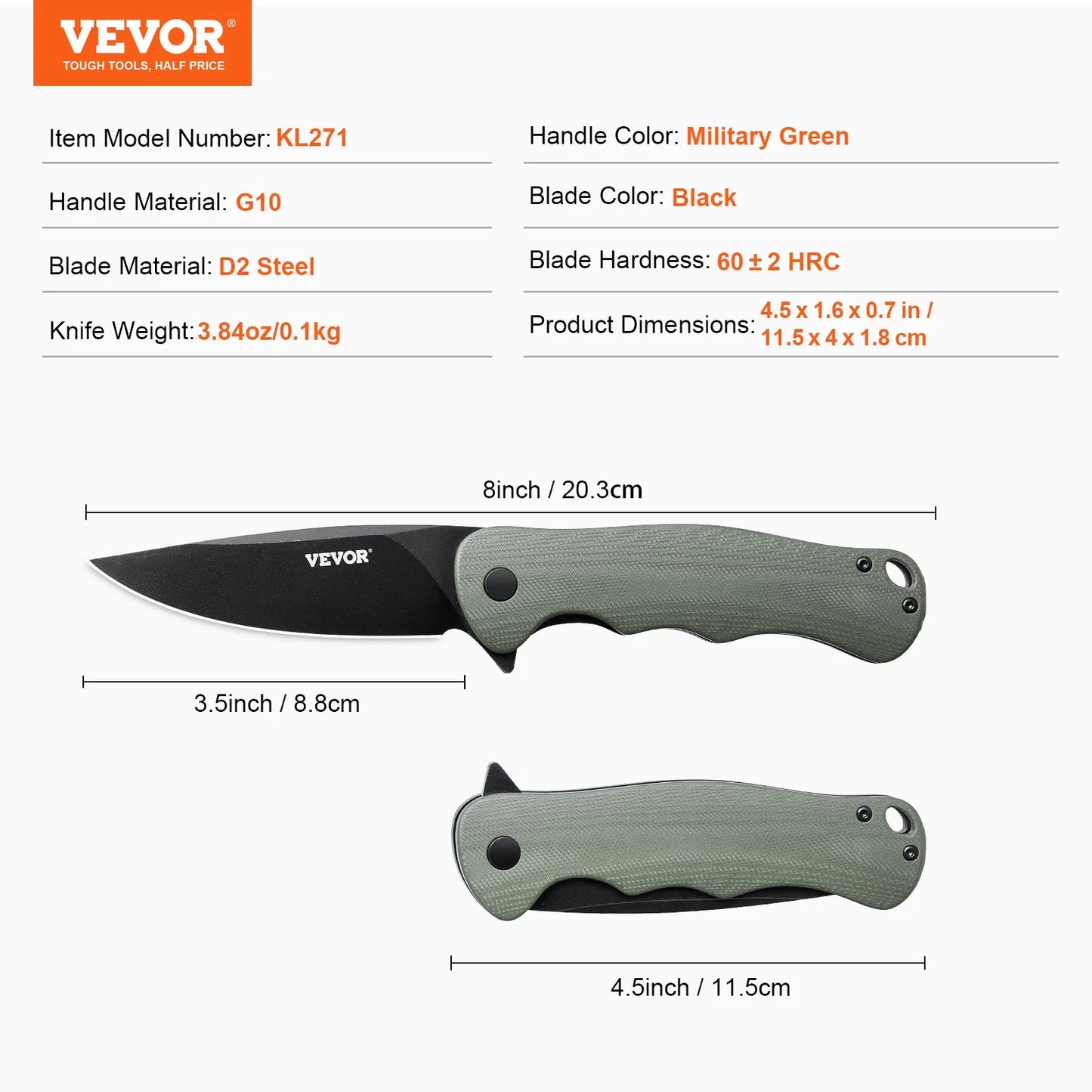 Folding Pocket Knife 3.5 In/8.8 Steel Blade G10 Handle Pocket Clip