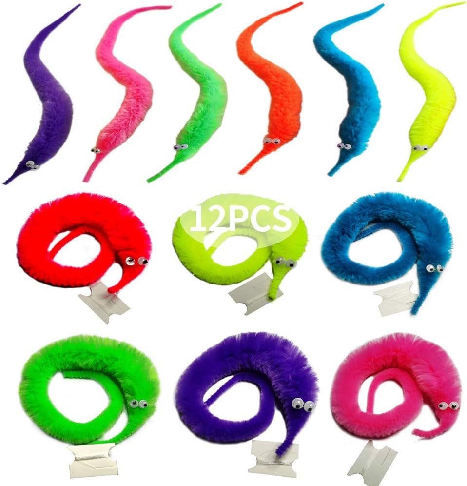 Fuzzy Worm Toys, String Worm Pets Fuzzy Worms on String Bulk Trick Toy Party Favors for Kids Cast