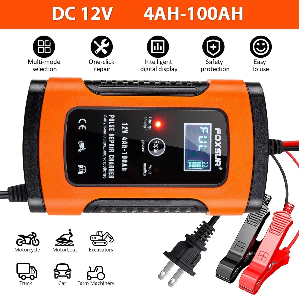 Automatic Smart Charger, 12V 6A Car and Motorcycle Portable Battery Charger with Screen Display, Battery Maintainer