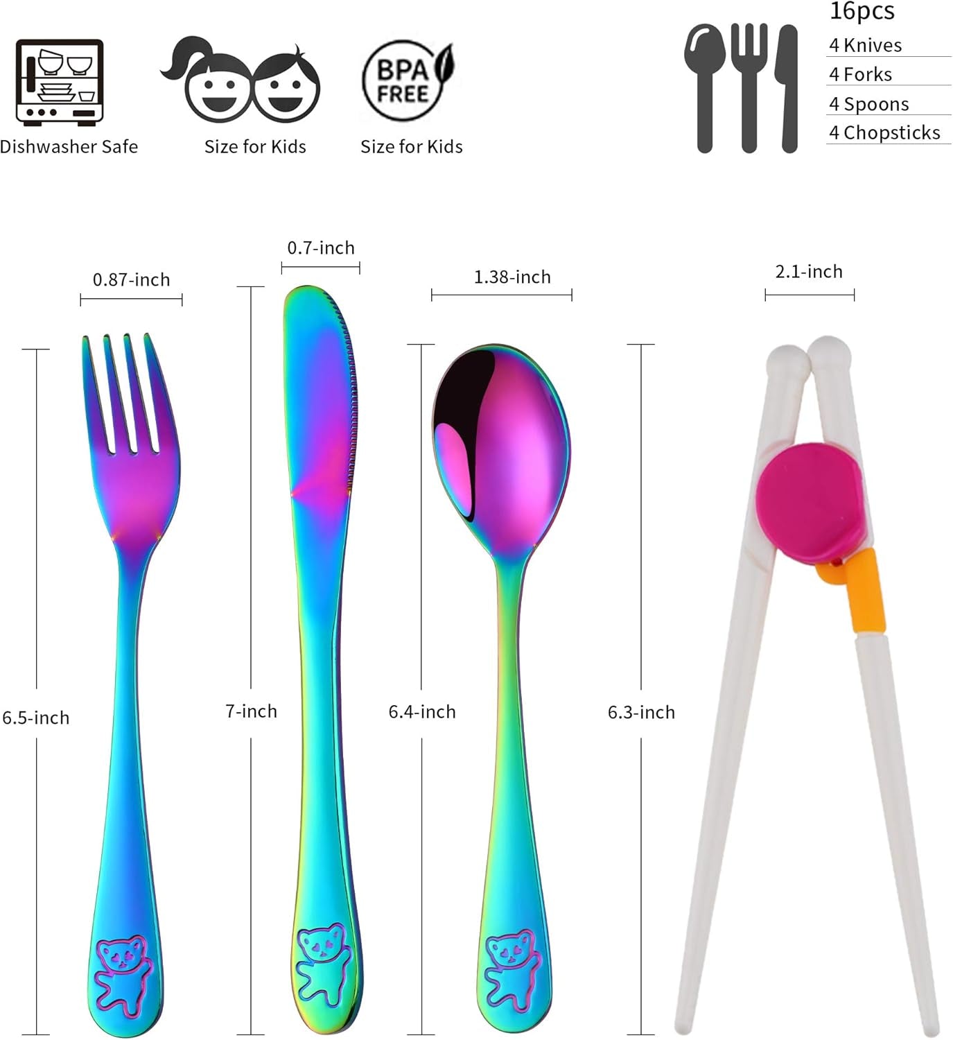 Kids Silverware, Stainless Steel Children Flatware Set, Toddler Utensils Set of 4, Rainbow