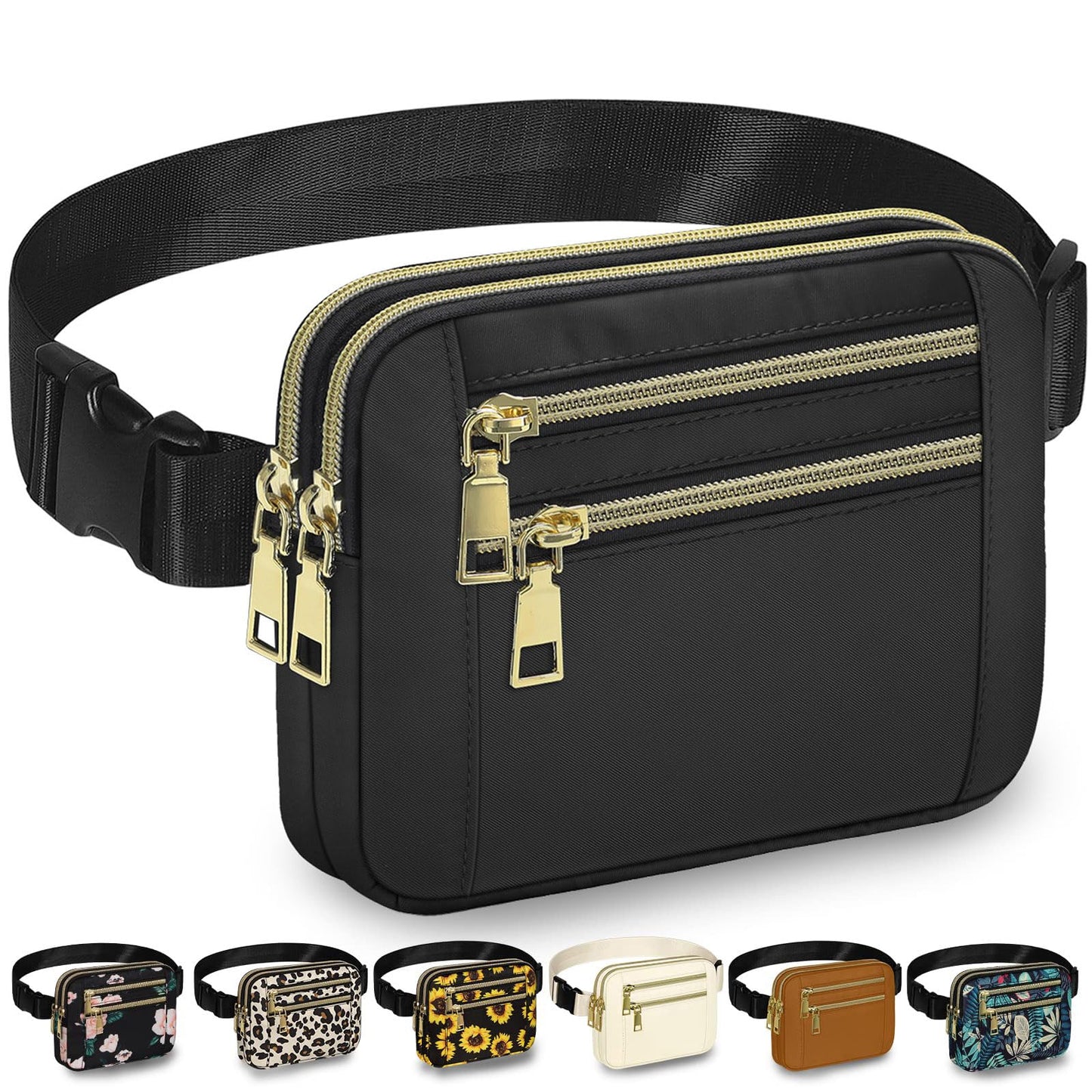 Capolo Fanny Packs for Women Fashion Waist Packs Bag with Adjustable Strap and 4 Zipper Pockets Waterproof Everywhere Crossbody Belt Bag for Workout Running Travelling(Black)