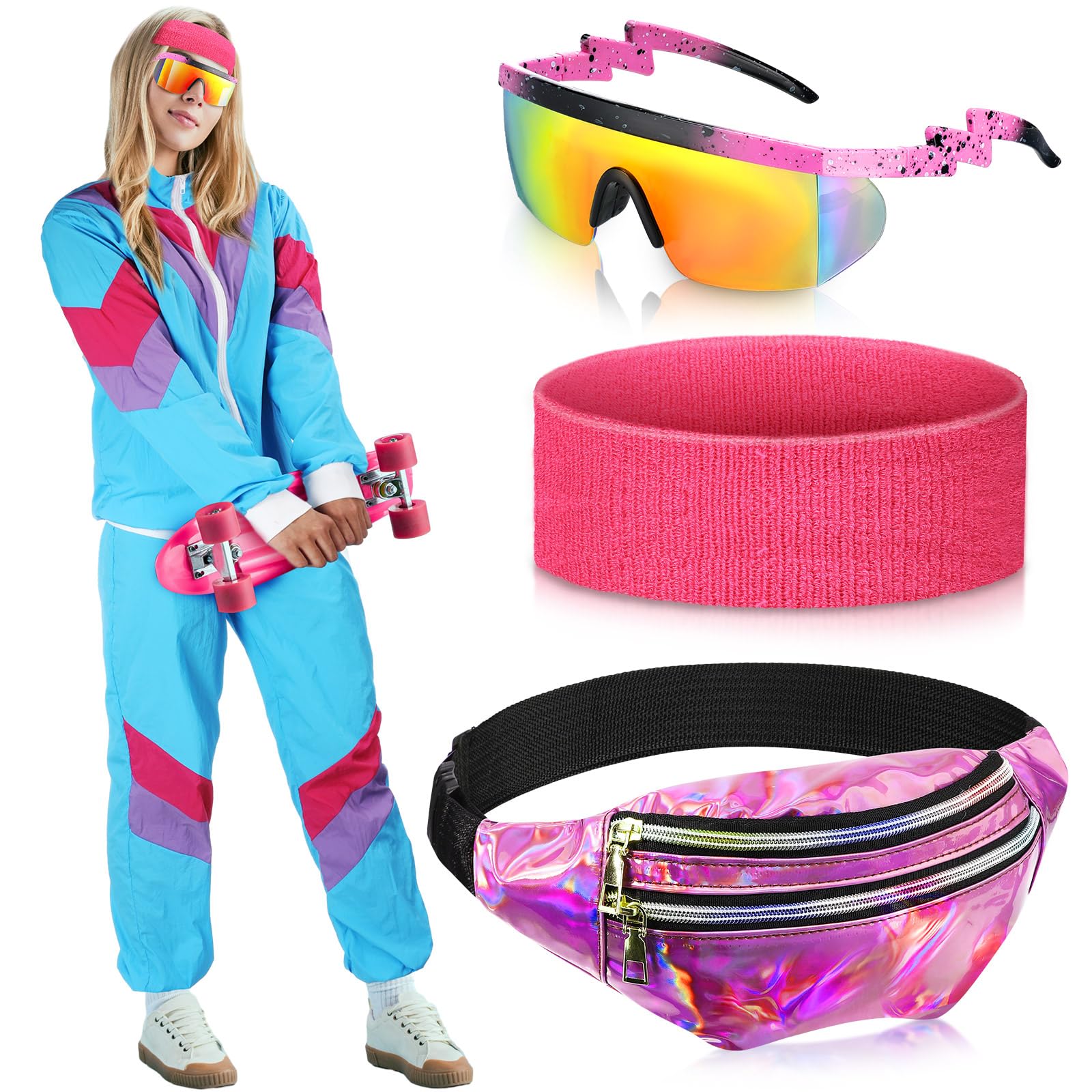 Leumoi Women 80s Tracksuit Retro Outfit for Women Men Disco Costume Accessories Set Rave Hoodie Colorblock Windbreaker Set