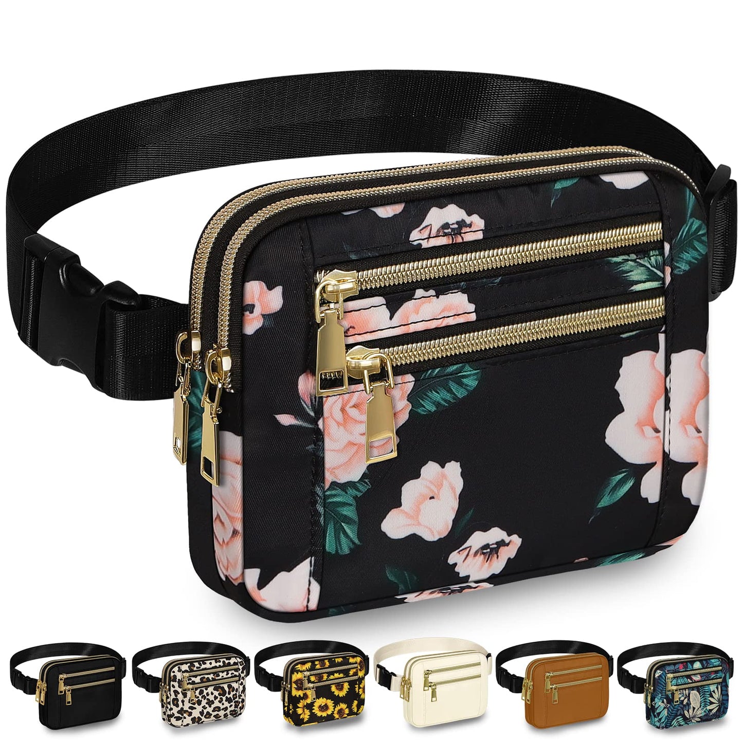 Capolo Fanny Packs for Women Fashion Waist Packs Bag with Adjustable Strap and 4 Zipper Pockets Waterproof Everywhere Crossbody Belt Bag for Workout Running Travelling(Black)