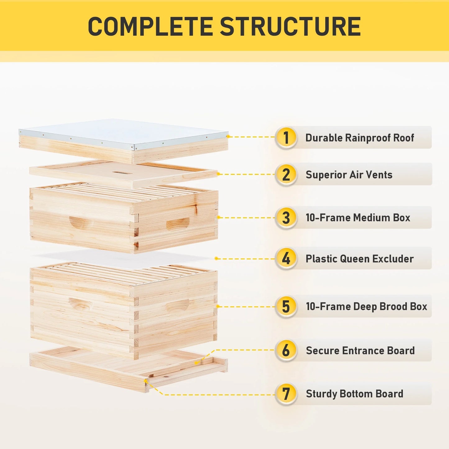 Complete Bee Hive Box for 10 Deep Frames 10 Medium Frames W/ Metal Roof for Beekeeping