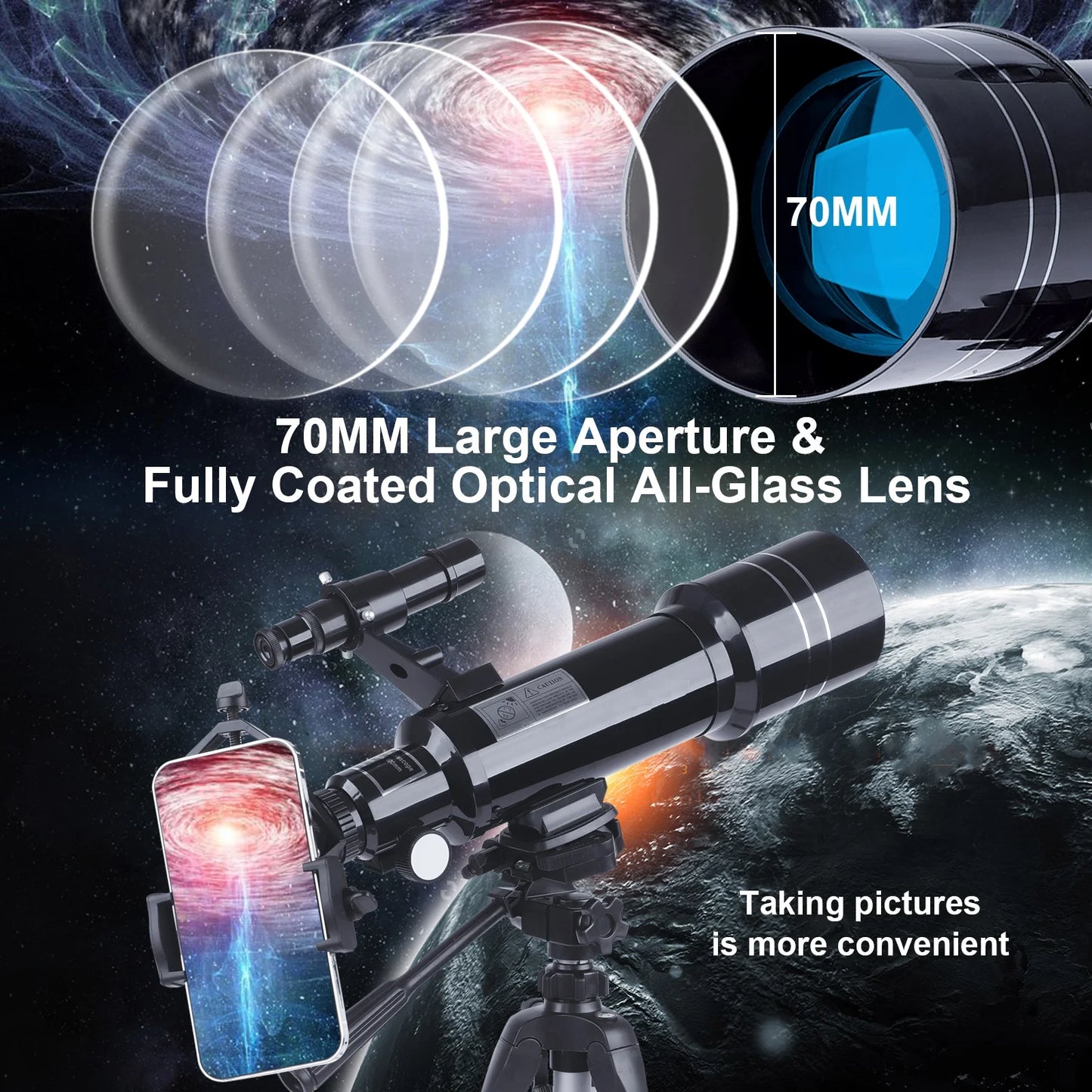 Telescope for Astronomy Fans, 70Mm Aperture 400Mm AZ Mount Refractor Telescope for Kids, Adults, Beginners