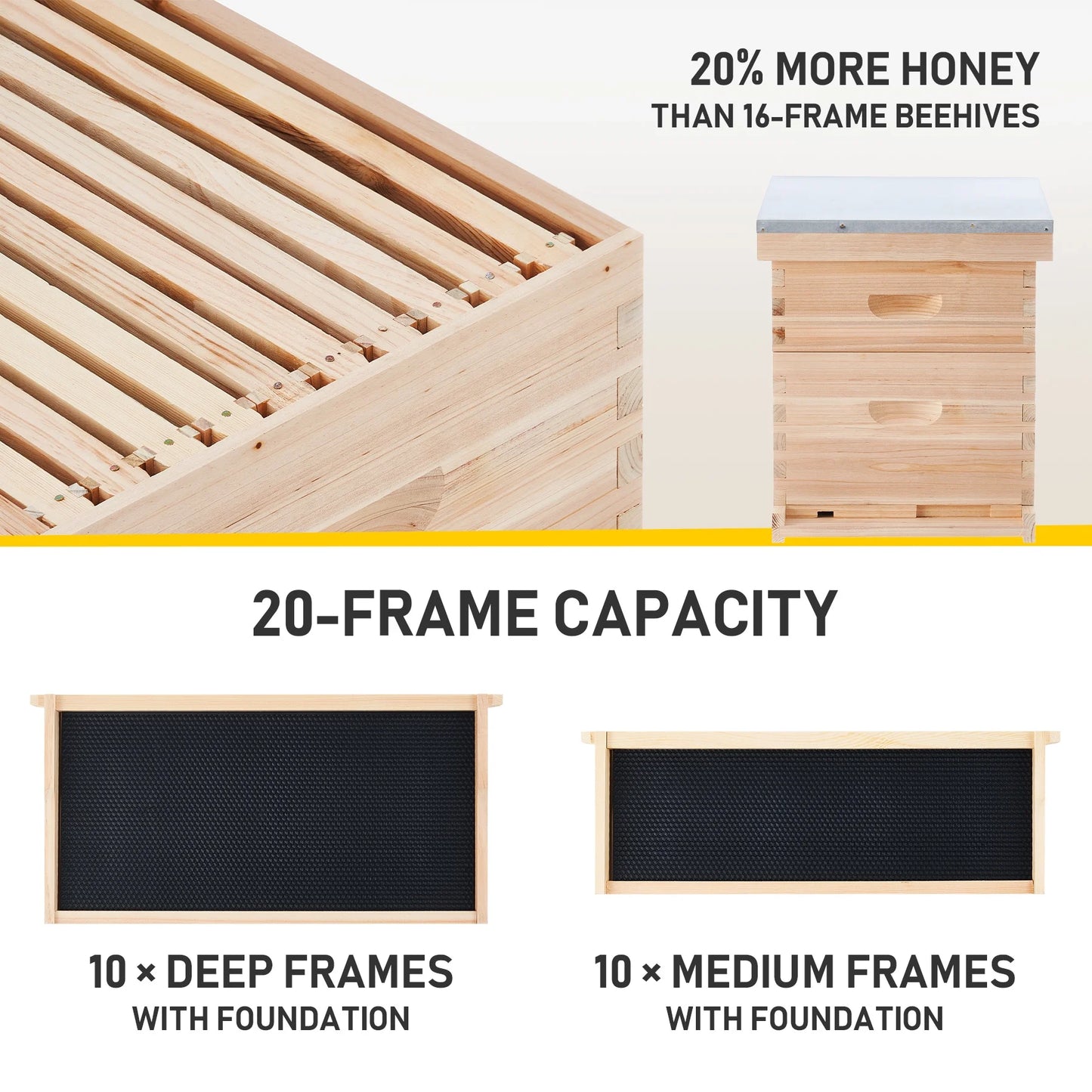 Complete Bee Hive Box for 10 Deep Frames 10 Medium Frames W/ Metal Roof for Beekeeping