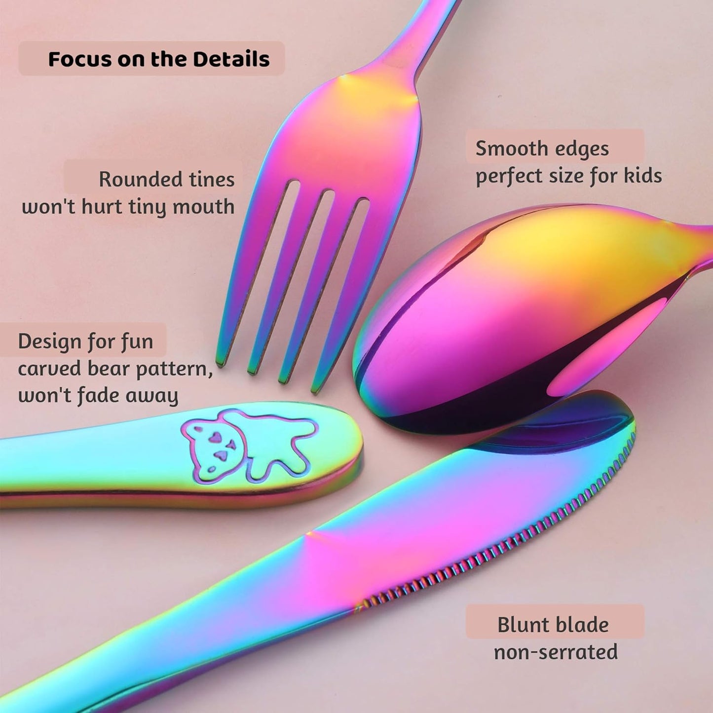Kids Silverware, Stainless Steel Children Flatware Set, Toddler Utensils Set of 4, Rainbow