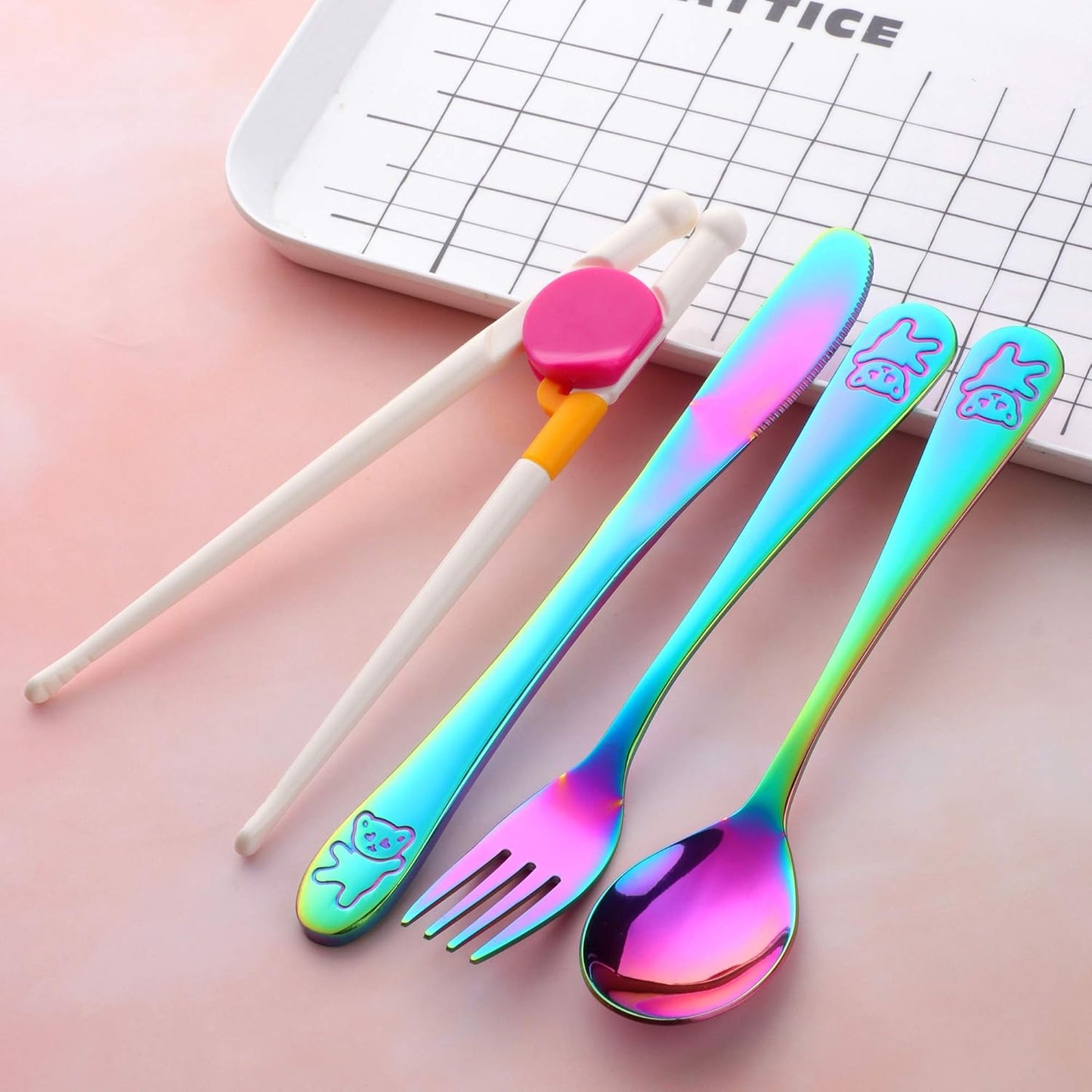 Kids Silverware, Stainless Steel Children Flatware Set, Toddler Utensils Set of 4, Rainbow