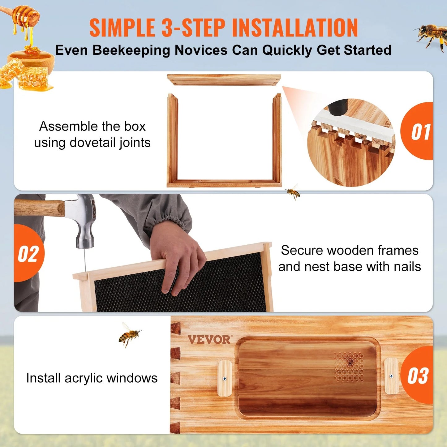 VEVOR Bee Hive Deep Box Starter Kit, for Beginners and Pro Beekeepers