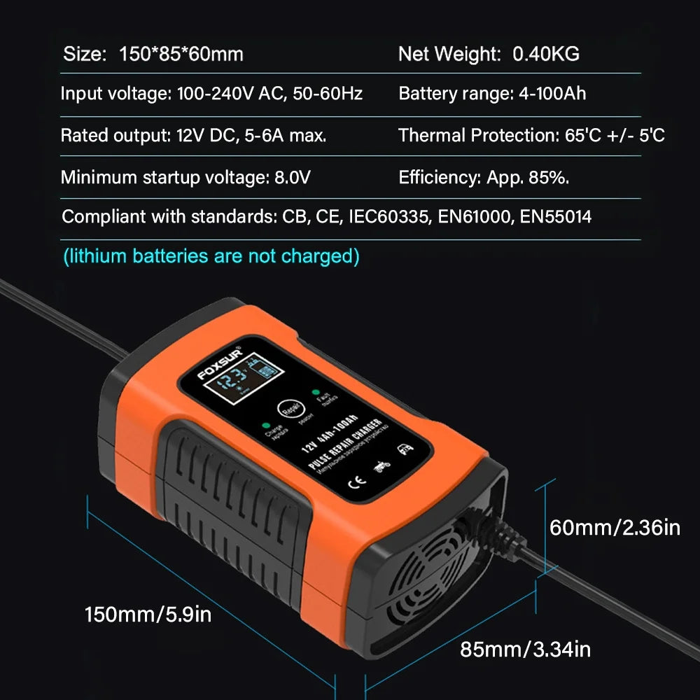 Automatic Smart Charger, 12V 6A Car and Motorcycle Portable Battery Charger with Screen Display, Battery Maintainer