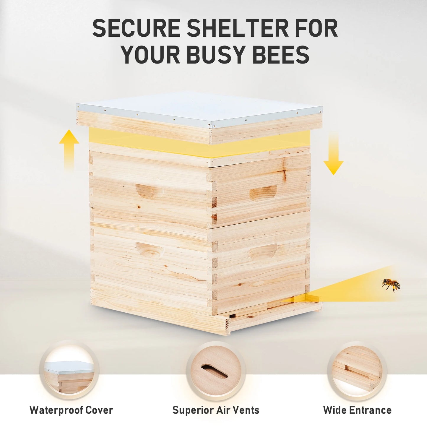 Complete Bee Hive Box for 10 Deep Frames 10 Medium Frames W/ Metal Roof for Beekeeping