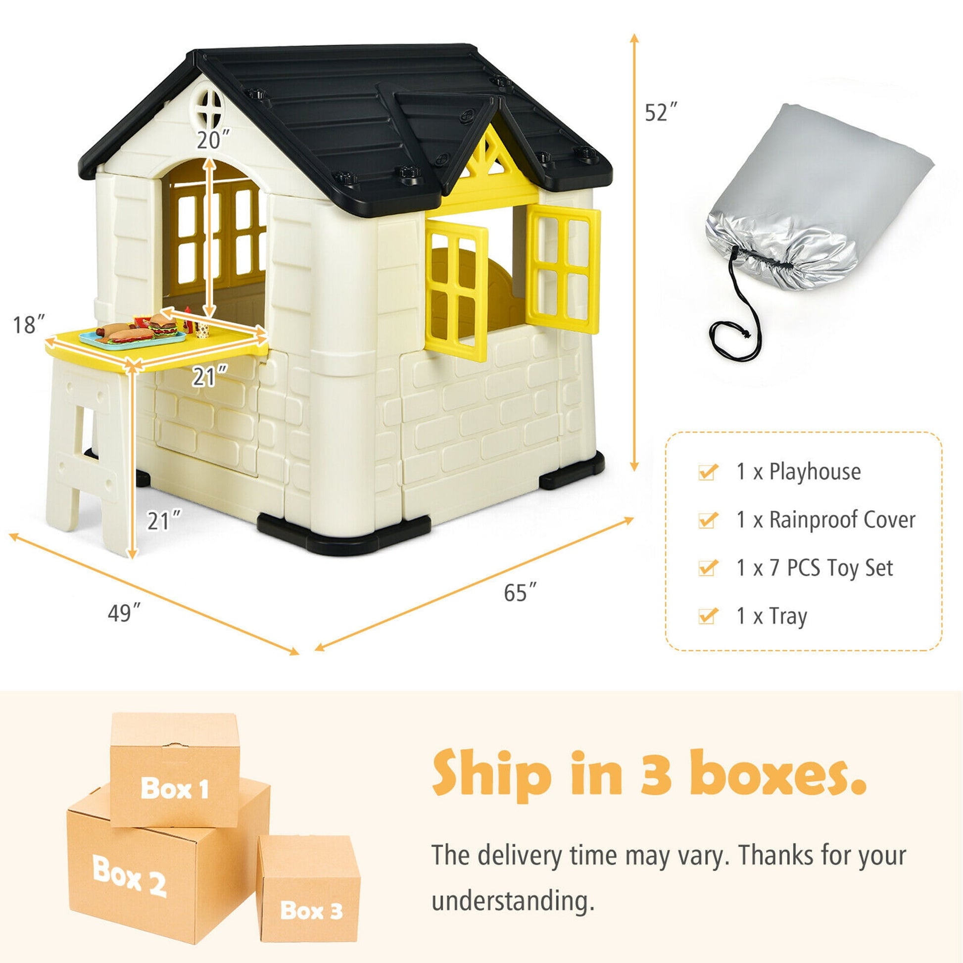 Kid's Playhouse Game Cottage W/ 7 PCS Toy Set & Waterproof Cover