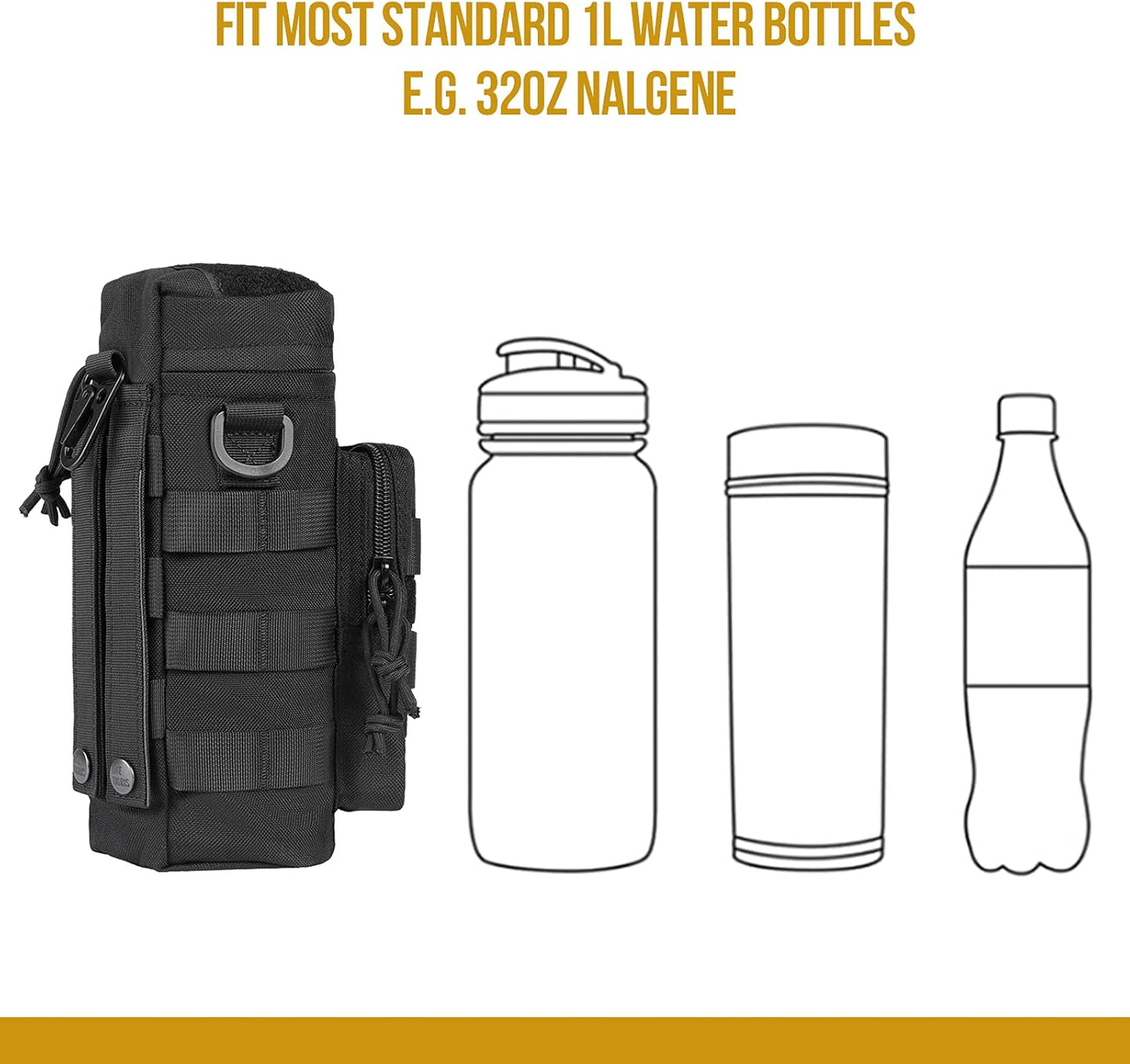 Molle Water Bottle Pouch, 32Oz Sniper Bottle Holder Tactical Hydration Carrier Bag with Extra Pouch and Detachable Shoulder Strap 1000D Nylon for Hiking Camping Climbing