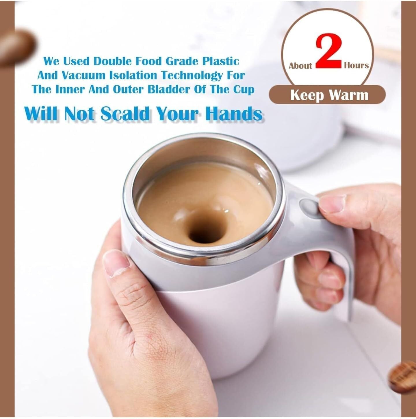 Self Stirring Mug with Lid - Automatic Magnetic Spinning Cup for Coffee, Tea,