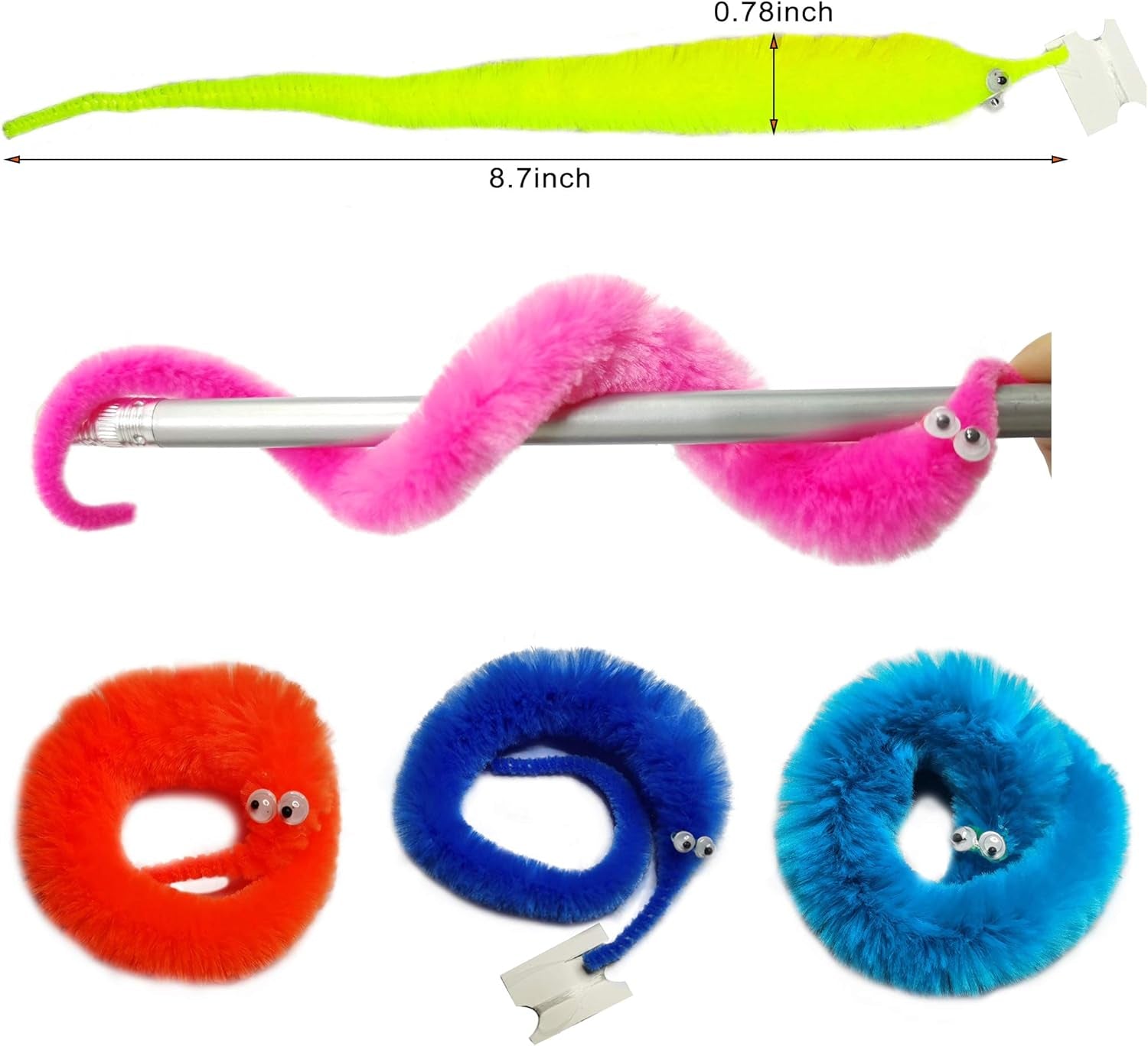 Fuzzy Worm Toys, String Worm Pets Fuzzy Worms on String Bulk Trick Toy Party Favors for Kids Cast