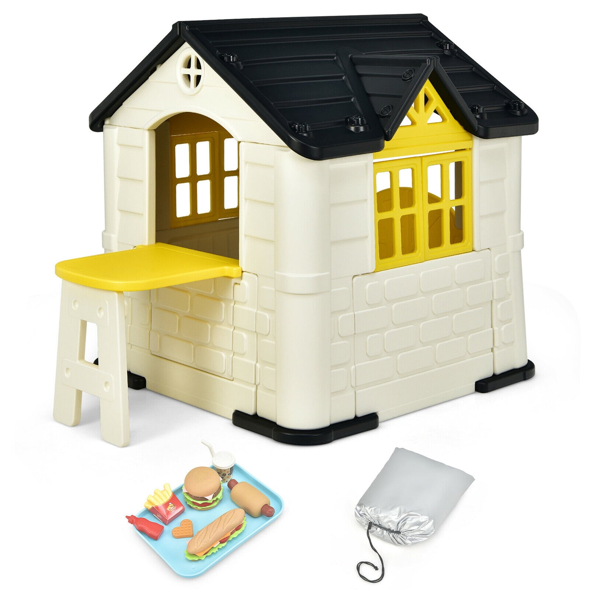 Kid's Playhouse Game Cottage W/ 7 PCS Toy Set & Waterproof Cover