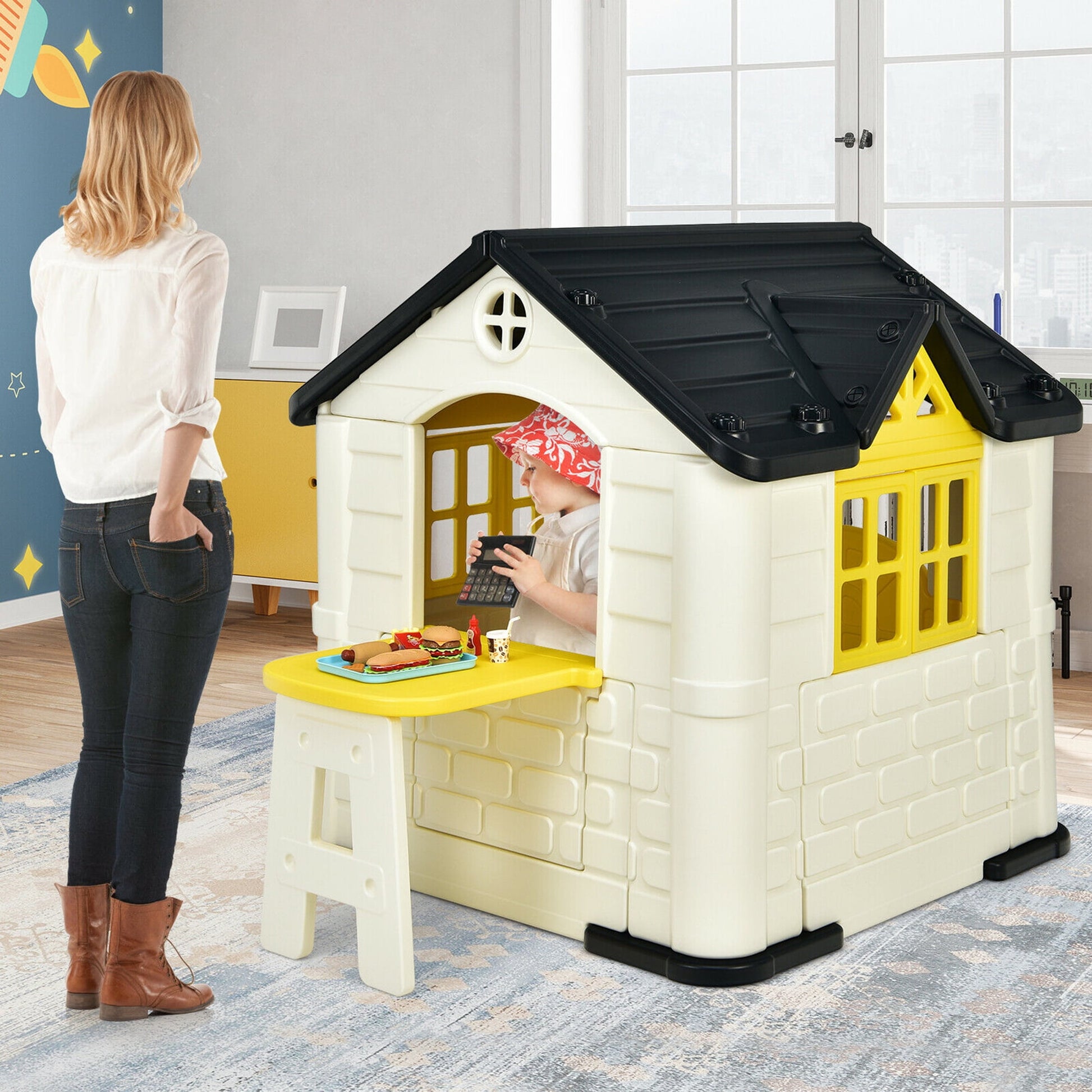 Kid's Playhouse Game Cottage W/ 7 PCS Toy Set & Waterproof Cover
