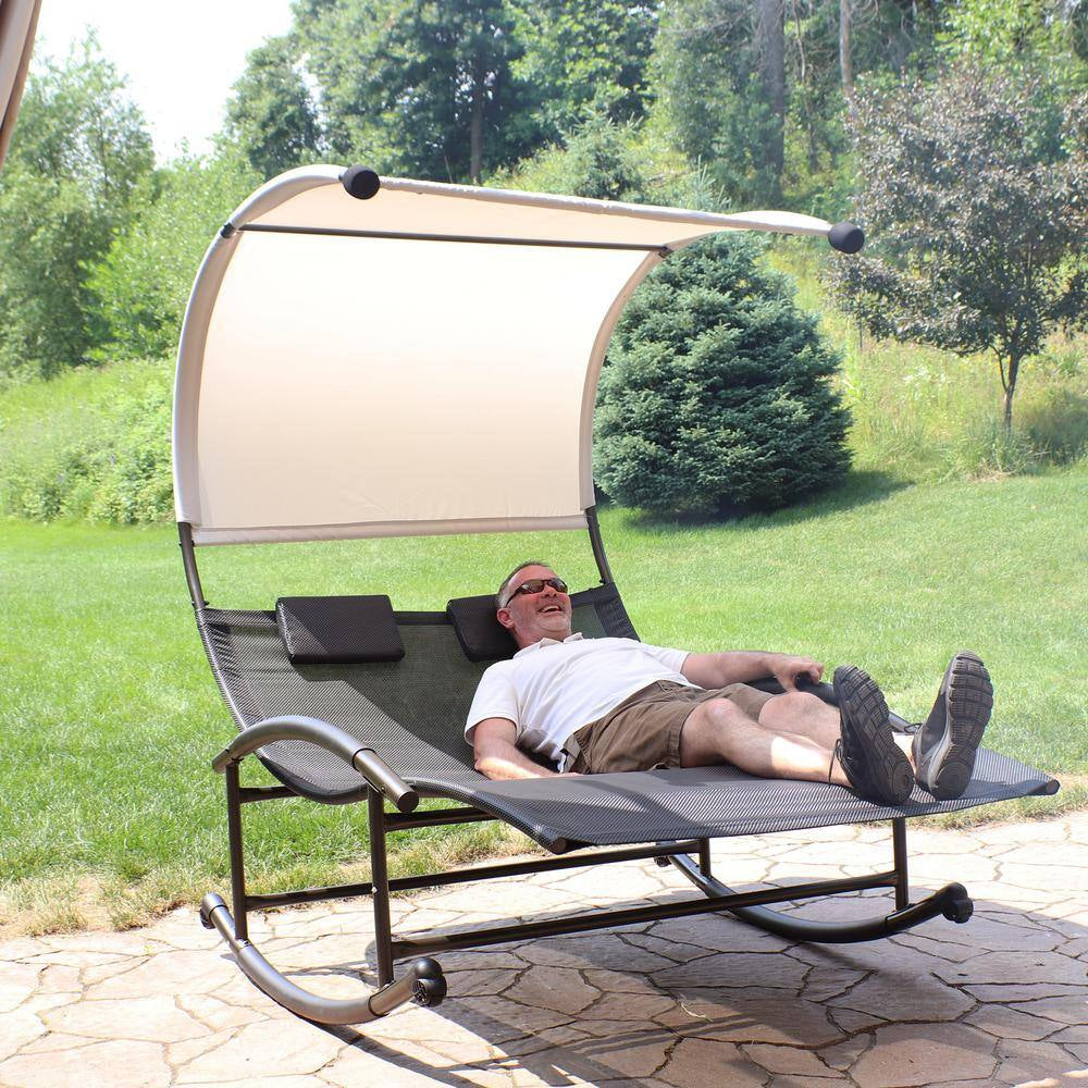 Sling Double Outdoor Rocking Chaise Lounge Chair with Canopy