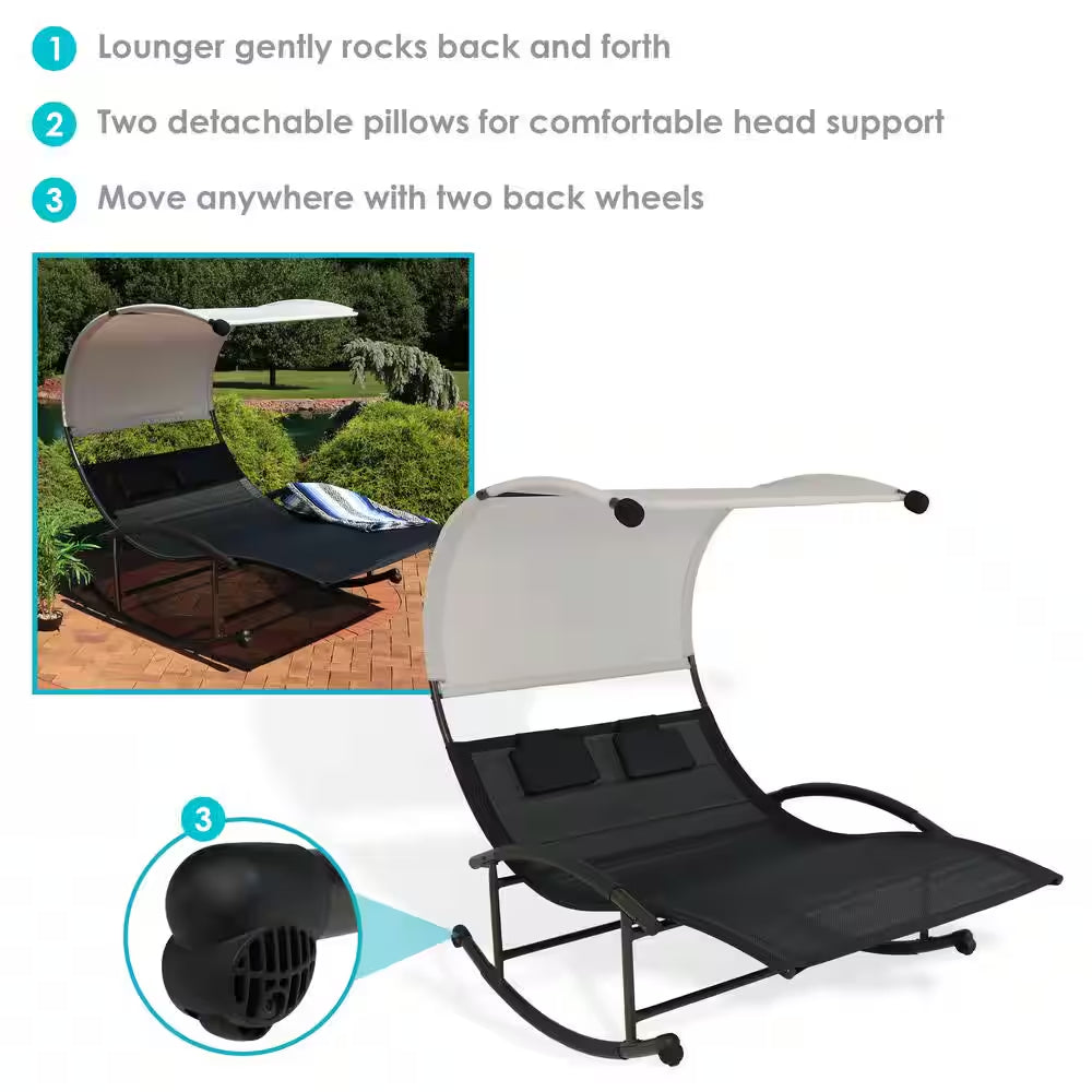 Sling Double Outdoor Rocking Chaise Lounge Chair with Canopy