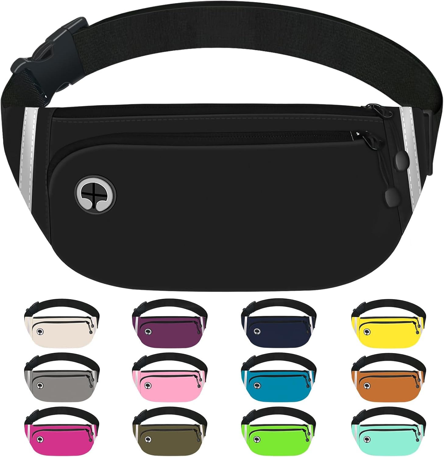 TORRYZA Fanny Packs for Women Men, Waterproof Waist Pack with Reflective Strip, Lightweight Slim Belt Bag with No-Bounce Adjustable Strap Running Travel Hiking Walking Sport(Black)