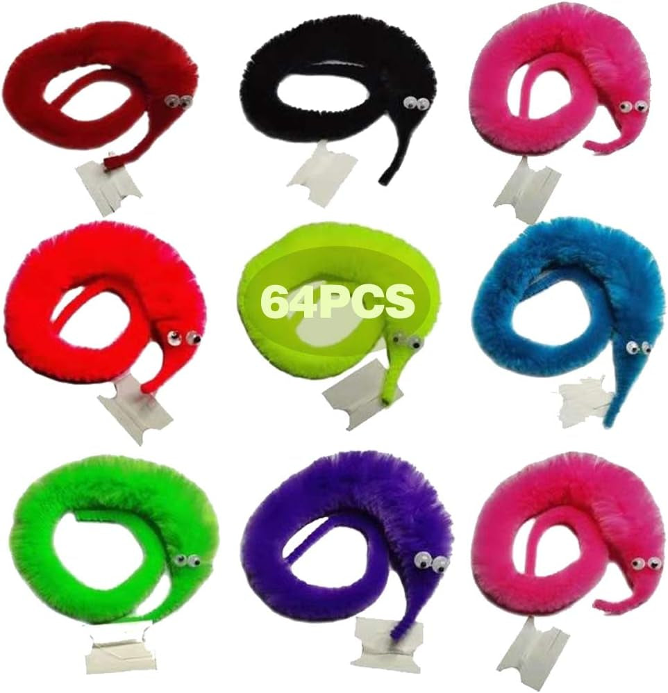 Fuzzy Worm Toys, String Worm Pets Fuzzy Worms on String Bulk Trick Toy Party Favors for Kids Cast