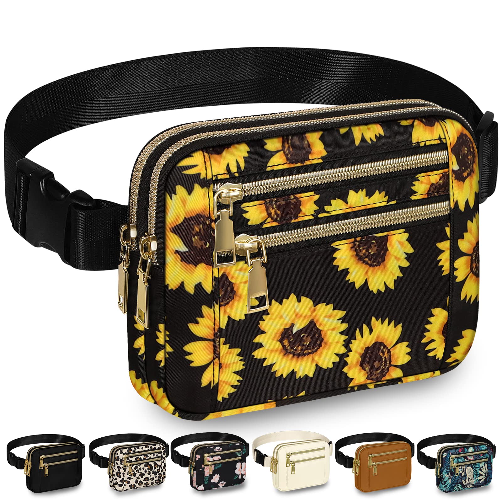Capolo Fanny Packs for Women Fashion Waist Packs Bag with Adjustable Strap and 4 Zipper Pockets Waterproof Everywhere Crossbody Belt Bag for Workout Running Travelling(Black)
