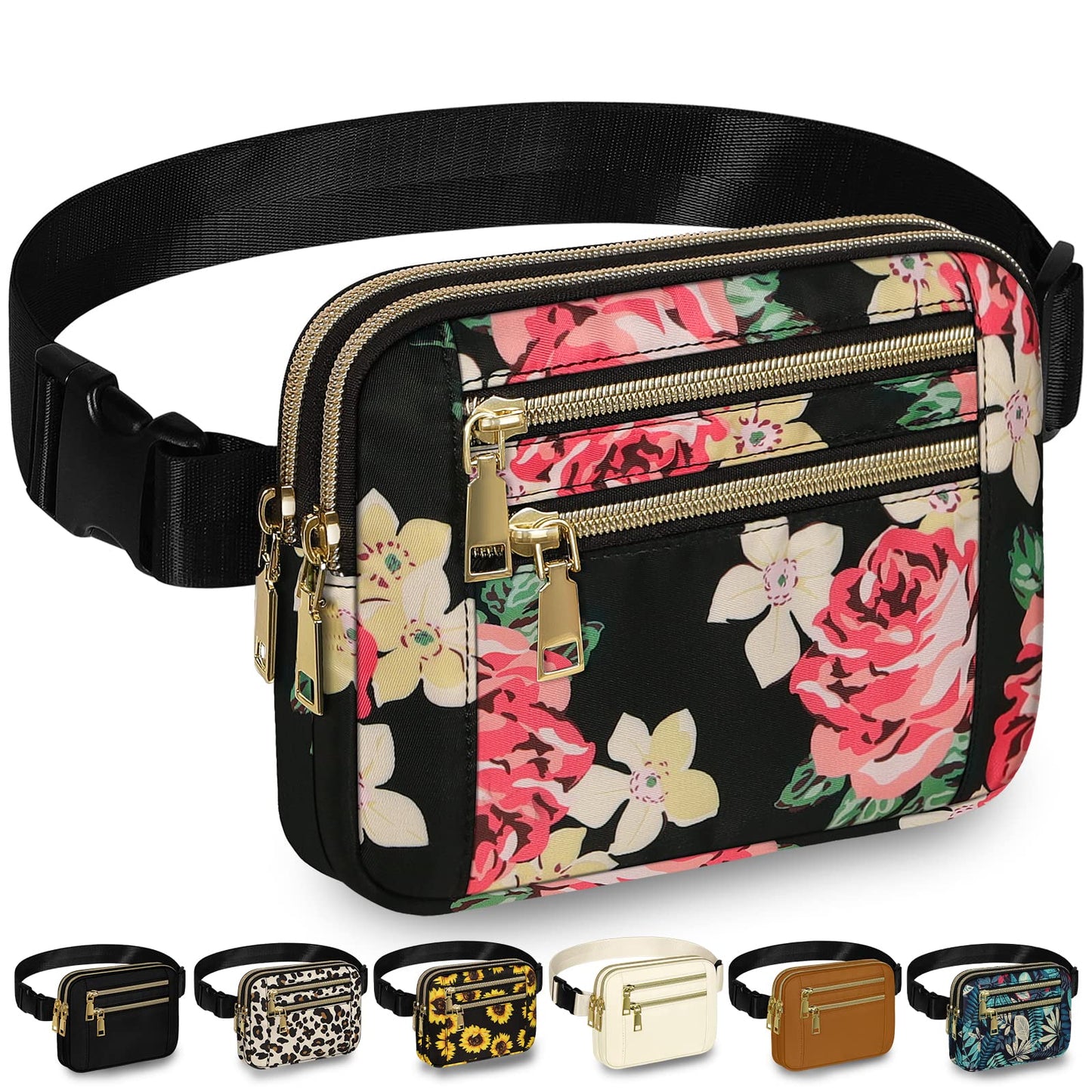 Capolo Fanny Packs for Women Fashion Waist Packs Bag with Adjustable Strap and 4 Zipper Pockets Waterproof Everywhere Crossbody Belt Bag for Workout Running Travelling(Black)