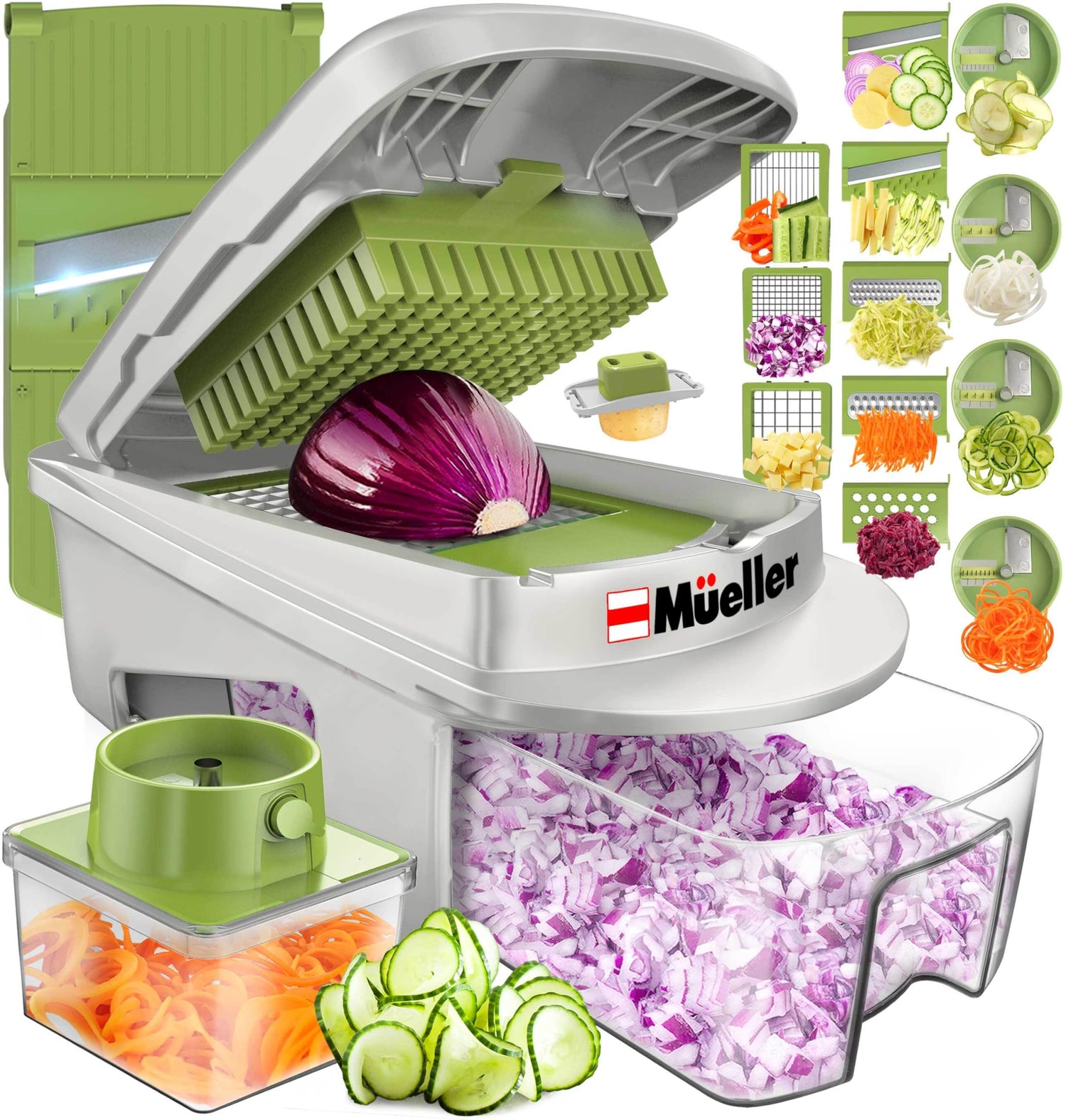 Mueller Pro-Series V Blade Veggie Chopper, Egg Slicer, Spiralizer, Dicer, Cutter, Food Chopper, Gifts for Mom, Kitchen Accessories & Kitchen Essentials with Food Container and Lid White Sand/Green