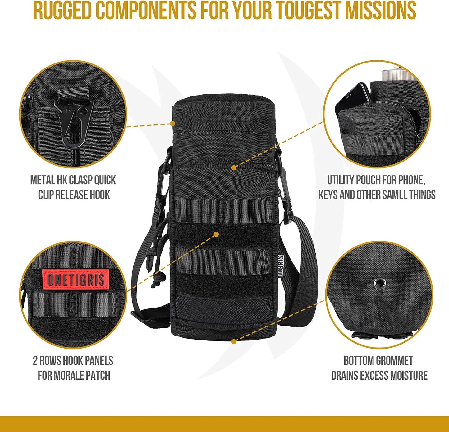 Molle Water Bottle Pouch, 32Oz Sniper Bottle Holder Tactical Hydration Carrier Bag with Extra Pouch and Detachable Shoulder Strap 1000D Nylon for Hiking Camping Climbing