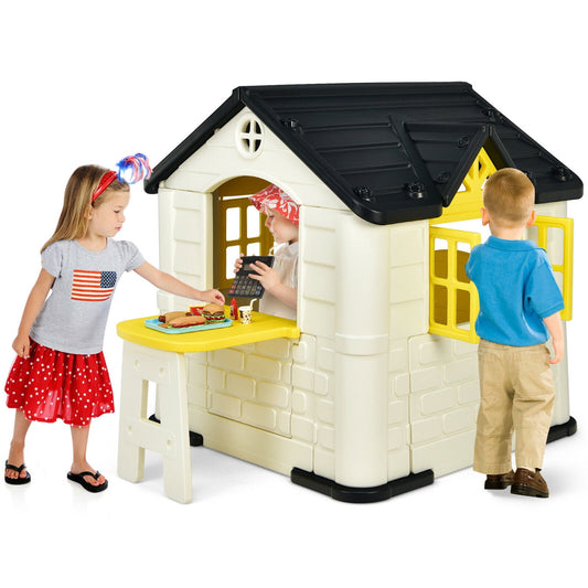Kid's Playhouse Game Cottage W/ 7 PCS Toy Set & Waterproof Cover