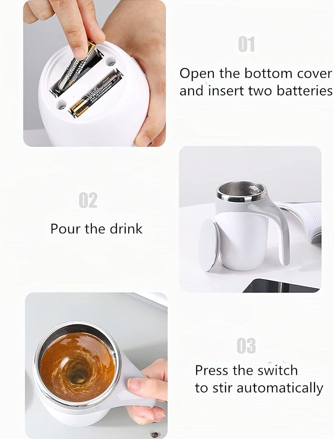 Self Stirring Mug with Lid - Automatic Magnetic Spinning Cup for Coffee, Tea,