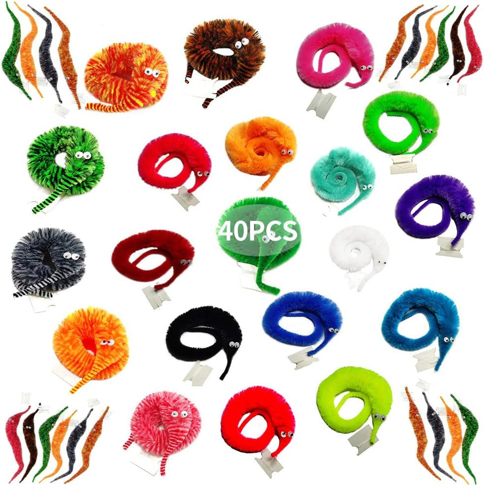 Fuzzy Worm Toys, String Worm Pets Fuzzy Worms on String Bulk Trick Toy Party Favors for Kids Cast