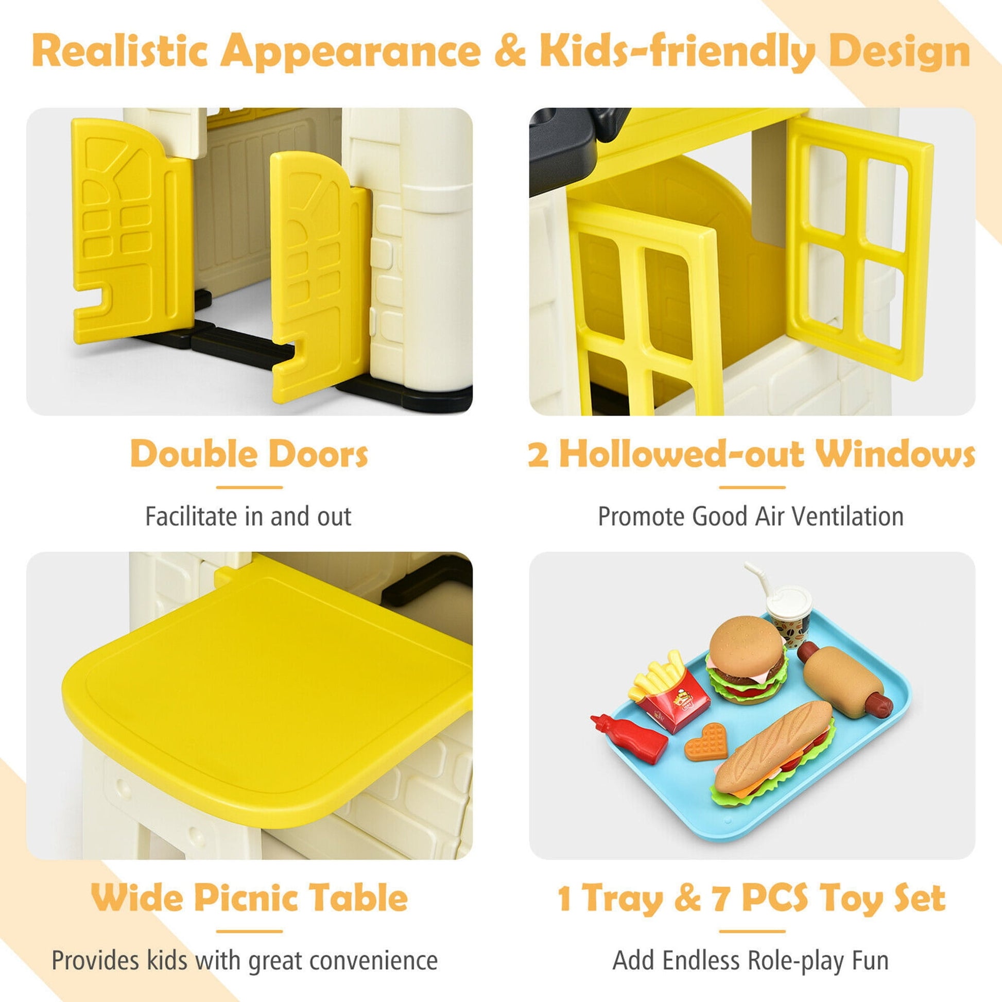 Kid's Playhouse Game Cottage W/ 7 PCS Toy Set & Waterproof Cover