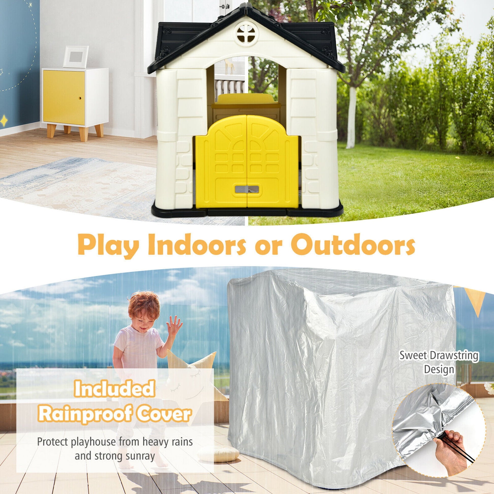 Kid's Playhouse Game Cottage W/ 7 PCS Toy Set & Waterproof Cover