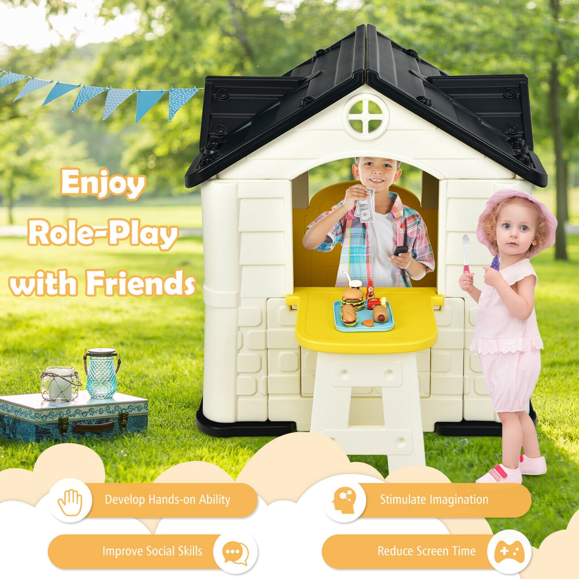 Kid's Playhouse Game Cottage W/ 7 PCS Toy Set & Waterproof Cover