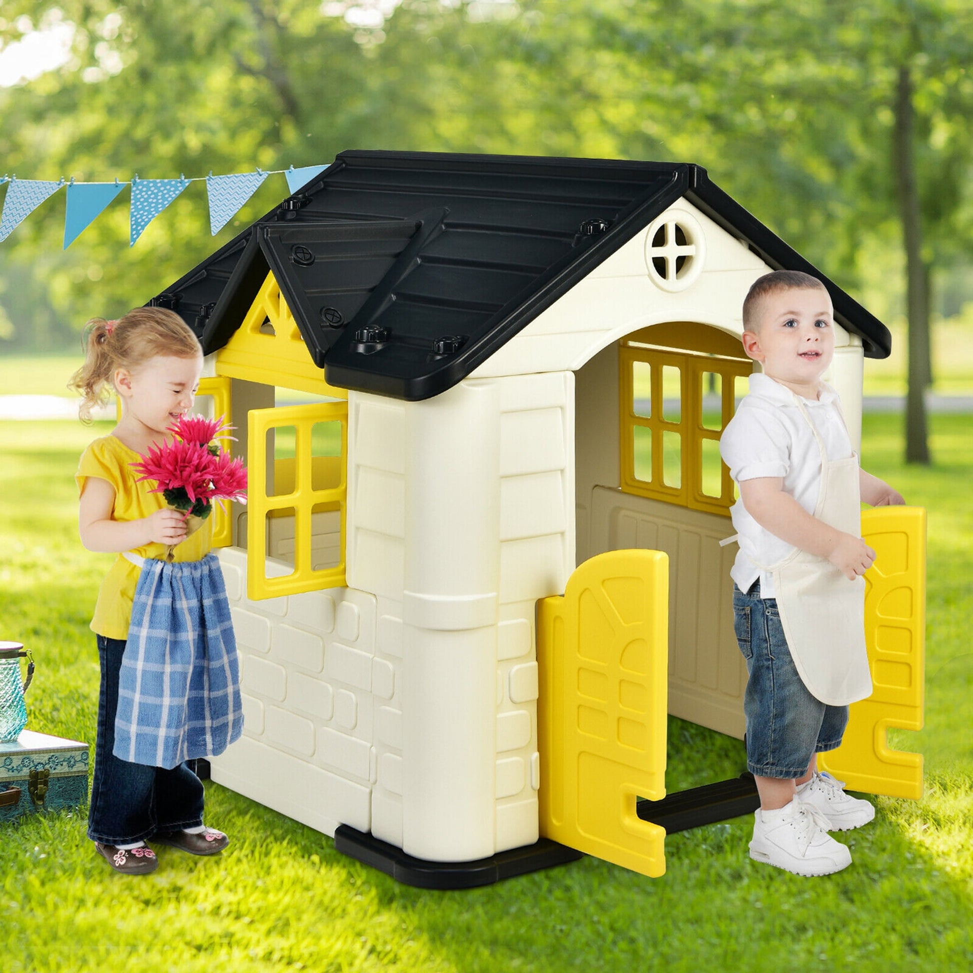 Kid's Playhouse Game Cottage W/ 7 PCS Toy Set & Waterproof Cover