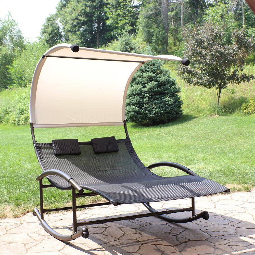 Sling Double Outdoor Rocking Chaise Lounge Chair with Canopy