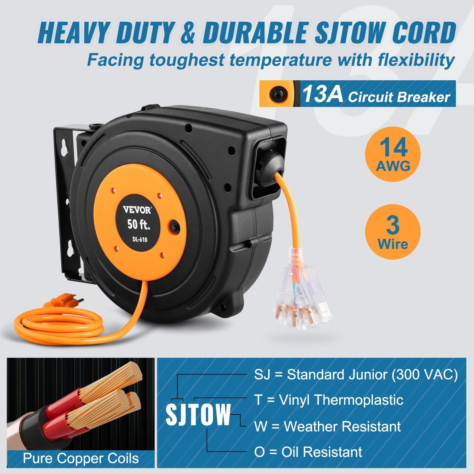 VEVOR 50Ft Retractable Extension Reel Power Cord 