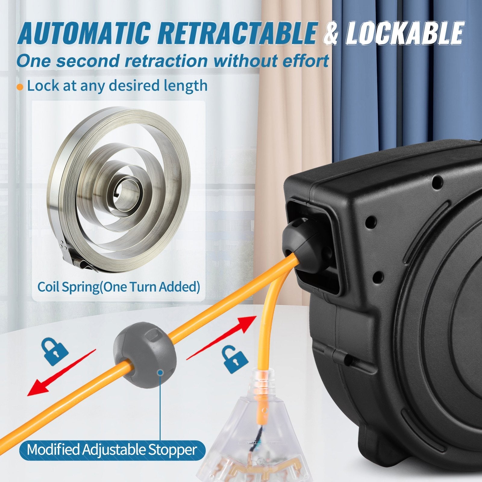 VEVOR 50Ft Retractable Extension Reel Power Cord 
