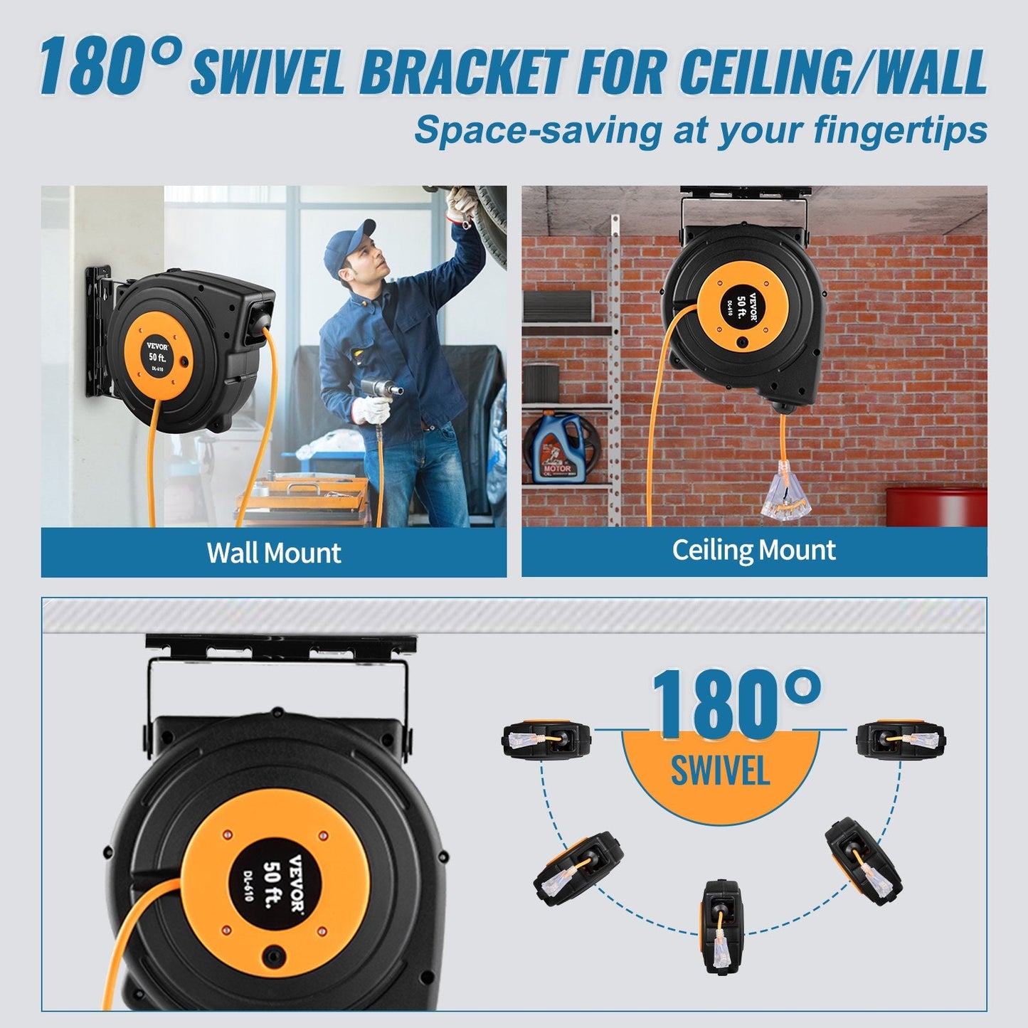 VEVOR 50Ft Retractable Extension Reel Power Cord 
